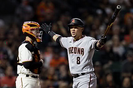 Sep 30, 2021; San Francisco, California, USA; Arizona Diamondbacks third baseman Ildemaro Vargas (8) reacts after a called third strike in the third inning of the game against the San Francisco Giants at Oracle Park. Mandatory Credit: John Hefti-USA TODAY Sports