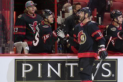 Sep 31, 2021; Ottawa, Ontario, CAN; Ottawa Senators left wing Austin Watson (16) celebrates his goal in the first period against the Montreal Canadiens at the Canadian Tire Centre. Mandatory Credit: Marc DesRosiers-USA TODAY Sports