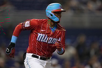 Oct 1, 2021; Miami, Florida, USA; Miami Marlins first baseman Lewin Diaz (68) runs the bases after hitting a ground rule double in the 8th inning against the Philadelphia Phillies at loanDepot park. Mandatory Credit: Jasen Vinlove-USA TODAY Sports
