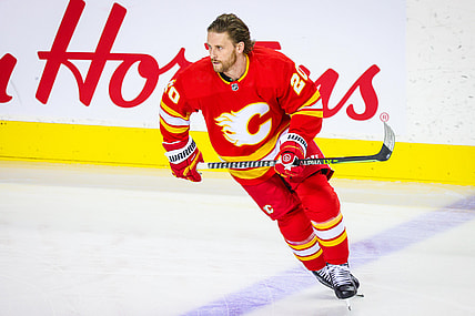 Sep 29, 2021; Calgary, Alberta, CAN; Calgary Flames center Blake Coleman (20) skates during the warmup period against the Seattle Kraken at Scotiabank Saddledome. Mandatory Credit: Sergei Belski-USA TODAY Sports