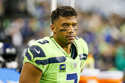 Oct 7, 2021; Seattle, Washington, USA; Seattle Seahawks quarterback Russell Wilson (3) stands on the sideline during the fourth quarter against the Los Angeles Rams at Lumen Field. Mandatory Credit: Joe Nicholson-USA TODAY Sports