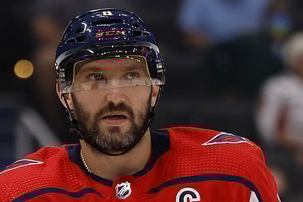 Sep 29, 2021; Washington, District of Columbia, USA; Washington Capitals left wing Alex Ovechkin (8) on the ice against the New Jersey Devils at Capital One Arena. Mandatory Credit: Geoff Burke-USA TODAY Sports