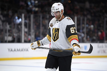 Oct 14, 2021; Los Angeles, California, USA; Vegas Golden Knights left wing Max Pacioretty (67) looks on during the second period against the Los Angeles Kings at Staples Center. Mandatory Credit: Orlando Ramirez-USA TODAY Sports