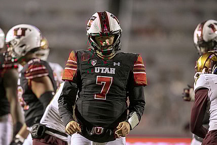 Oct 16, 2021; Salt Lake City, Utah, USA;  Utah Utes quarterback Cameron Rising (7) reacts after throwing a second quarter interception against the Arizona State Sun Devils at Rice-Eccles Stadium. Mandatory Credit: Rob Gray-USA TODAY Sports