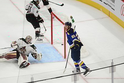 Oct 18, 2021; Glendale, Arizona, USA; St. Louis Blues center Klim Kostin (37) celebrates a goal against the Arizona Coyotes during the second period at Gila River Arena. Mandatory Credit: Joe Camporeale-USA TODAY Sports