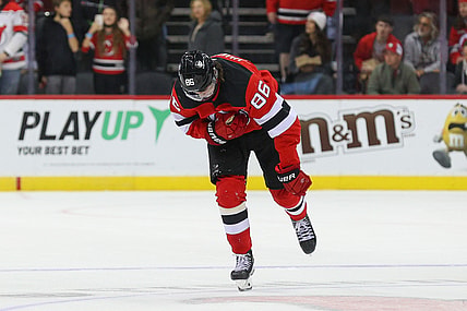 Oct 19, 2021; Newark, New Jersey, USA; New Jersey Devils center Jack Hughes (86) skates off the ice after being hit during the first period of their game against the Seattle Kraken at Prudential Center. Mandatory Credit: Ed Mulholland-USA TODAY Sports