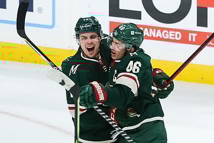 Oct 19, 2021; Saint Paul, Minnesota, USA; Minnesota Wild center Joel Eriksson Ek (14) celebrates with defenseman Jared Spurgeon (46) after scoring a goal against the Winnipeg Jets in the third period at Xcel Energy Center. Mandatory Credit: David Berding-USA TODAY Sports