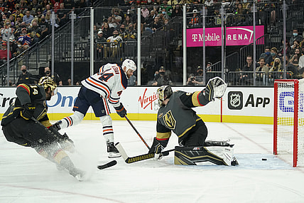 Oct 22, 2021; Las Vegas, Nevada, USA; Edmonton Oilers winger Zack Kassian (44) scores against Vegas Golden Knights goalie Robin Lehner (90) in the third period at T-Mobile Arena. Mandatory Credit: Lucas Peltier-USA TODAY Sports