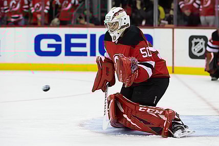 Oct 23, 2021; Newark, New Jersey, USA; New Jersey Devils goaltender Nico Daws (50) warms up before the game against Buffalo Sabres at Prudential Center. Mandatory Credit: Tom Horak-USA TODAY Sports
