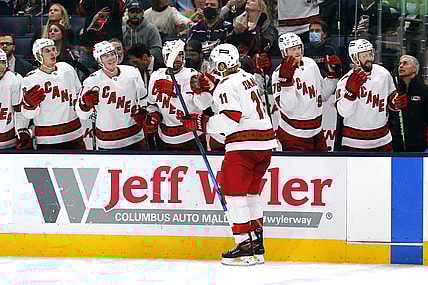 Oct 23, 2021; Columbus, Ohio, USA; Carolina Hurricanes center Jordan Staal (11) celebrates a goal against the Columbus Blue Jackets during the second period at Nationwide Arena. Mandatory Credit: Russell LaBounty-USA TODAY Sports