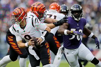 Cincinnati Bengals quarterback Joe Burrow (9) scrambles out of the pocket in the first quarter of the NFL Week 7 game between the Baltimore Ravens and the Cincinnati Bengals at M&T Bank Stadium in Baltimore on Sunday, Oct. 24, 2021. The Bengals led 13-10 at halftime.

Cincinnati Bengals At Baltimore Ravens Week 7