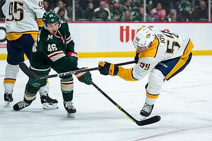 Oct 24, 2021; Saint Paul, Minnesota, USA; Nashville Predators defenseman Roman Josi (59) shoots and scores a goal during the first period against the Minnesota Wild at Xcel Energy Center. Mandatory Credit: Brace Hemmelgarn-USA TODAY Sports