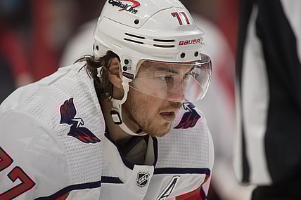 Oct 25, 2021; Ottawa, Ontario, CAN; Washington Capitals right wing T.J. Oshie (77) looks on in the second period against the Ottawa Senators at the Canadian Tire Centre. Mandatory Credit: Marc DesRosiers-USA TODAY Sports