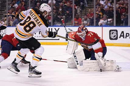 Oct 27, 2021; Sunrise, Florida, USA; Florida Panthers goaltender Sergei Bobrovsky (72) blocks the shot of Boston Bruins right wing David Pastrnak (88) during the first period at FLA Live Arena. Mandatory Credit: Jasen Vinlove-USA TODAY Sports