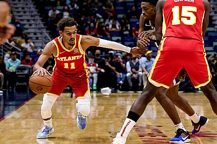 Oct 27, 2021; New Orleans, Louisiana, USA;   Atlanta Hawks guard Trae Young (11) dribbles against New Orleans Pelicans during the first half at the Smoothie King Center. Mandatory Credit: Stephen Lew-USA TODAY Sports
