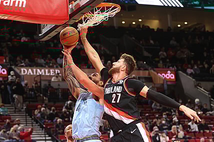 Oct 27, 2021; Portland, Oregon, USA; Portland Trail Blazers center Jusuf Nurkic (27) defends Memphis Grizzlies center Steven Adams (4) in the first half at Moda Center. Mandatory Credit: Jaime Valdez-USA TODAY Sports