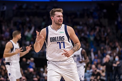 Oct 28, 2021; Dallas, Texas, USA; Dallas Mavericks guard Luka Doncic (77) celebrates making a three point shot against the San Antonio Spurs during the second half at the American Airlines Center. Mandatory Credit: Jerome Miron-USA TODAY Sports