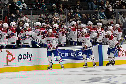 Oct 28, 2021; San Jose, California, USA;  Montreal Canadiens players celebrate after scoring against the San Jose Sharks during the second period at SAP Center at San Jose. Mandatory Credit: Stan Szeto-USA TODAY Sports