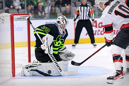 Oct 29, 2021; Dallas, Texas, USA; Dallas Stars goaltender Braden Holtby (70) stops a shot by Ottawa Senators left wing Alex Formenton (10) during the first period at the American Airlines Center. Mandatory Credit: Jerome Miron-USA TODAY Sports