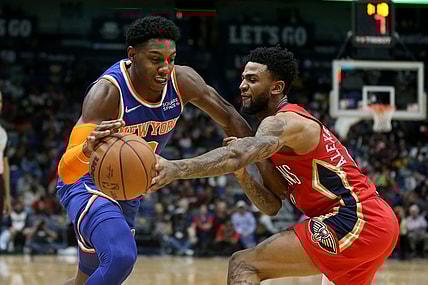 Oct 30, 2021; New Orleans, Louisiana, USA; New York Knicks guard RJ Barrett (9) is defended by New Orleans Pelicans guard Nickeil Alexander-Walker (6) in the second quarter at the Smoothie King Center. Mandatory Credit: Chuck Cook-USA TODAY Sports