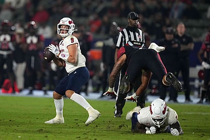 Oct 30, 2021; Carson, California, USA; Fresno State Bulldogs quarterback Jake Haener (9) throws the ball against the San Diego State Aztecs in the first half at Dignity Health Sports Park. Mandatory Credit: Kirby Lee-USA TODAY Sports