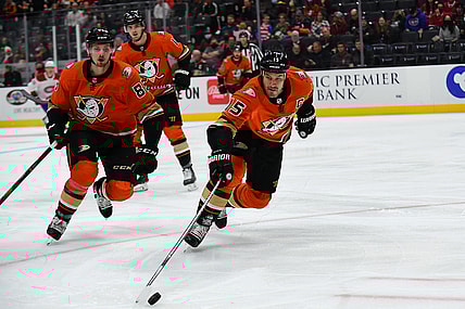 Oct 31, 2021; Anaheim, California, USA; Anaheim Ducks center Ryan Getzlaf (15) plays for the puck against the Montreal Canadiens during the first period at Honda Center. Mandatory Credit: Gary A. Vasquez-USA TODAY Sports