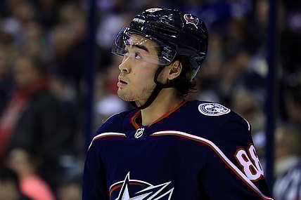 Feb 18, 2019; Columbus, OH, USA; Columbus Blue Jackets right wing Kole Sherwood (88) against the Tampa Bay Lightning at Nationwide Arena. Mandatory Credit: Aaron Doster-USA TODAY Sports