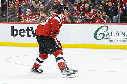 Oct 15, 2021; Newark, New Jersey, USA; New Jersey Devils center Jack Hughes (86) scores a goal during overtime against the Chicago Blackhawks at Prudential Center. Mandatory Credit: Vincent Carchietta-USA TODAY Sports