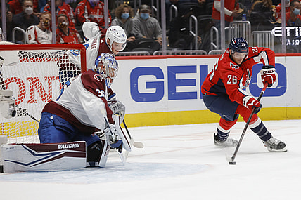 Oct 19, 2021; Washington, District of Columbia, USA; Washington Capitals center Nic Dowd (26) shoots the puck on Colorado Avalanche goaltender Darcy Kuemper (35) during the first period at Capital One Arena. Mandatory Credit: Geoff Burke-USA TODAY Sports