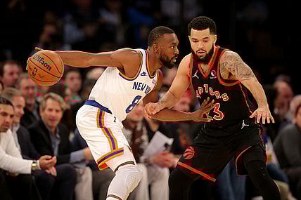 Nov 1, 2021; New York, New York, USA; New York Knicks guard Kemba Walker (8) controls the ball against Toronto Raptors guard Fred VanVleet (23) during the first quarter at Madison Square Garden. Mandatory Credit: Brad Penner-USA TODAY Sports