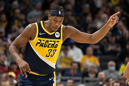 Nov 3, 2021; Indianapolis, Indiana, USA; Indiana Pacers center Myles Turner (33) celebrates a basket in the first half against the New York Knicks at Gainbridge Fieldhouse. Mandatory Credit: Trevor Ruszkowski-USA TODAY Sports