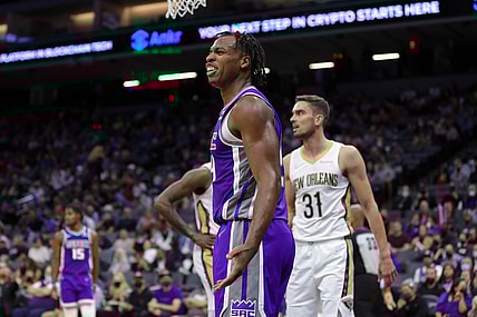 Nov 3, 2021; Sacramento, California, USA; Sacramento Kings guard Buddy Hield (24) reacts to a call during the second quarter against the New Orleans Pelicans at Golden 1 Center. Mandatory Credit: Sergio Estrada-USA TODAY Sports