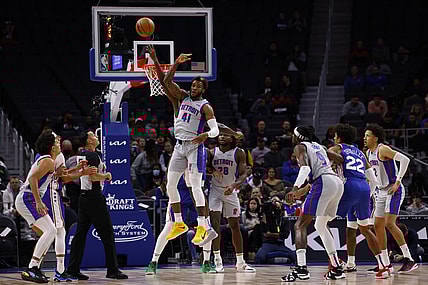Nov 4, 2021; Detroit, Michigan, USA; Detroit Pistons forward Saddiq Bey (41) wins a jump ball in the first half against the Philadelphia 76ers at Little Caesars Arena. Mandatory Credit: Rick Osentoski-USA TODAY Sports