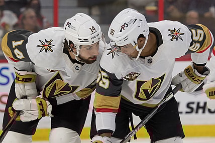 Nov 4, 2021; Ottawa, Ontario, CAN; Vegas Golden Knights defenseman Nicolas Hague (14) speaks with right wing Keegan Kolesar (55) in the second period against the Ottawa Senators at the Canadian Tire Centre. Mandatory Credit: Marc DesRosiers-USA TODAY Sports
