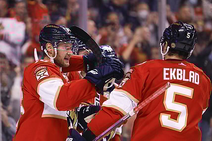 Nov 4, 2021; Sunrise, Florida, USA;  Florida Panthers center Aleksander Barkov (16) celebrates with teammates after scoring against the Washington Capitals during the second period of the game at FLA Live Arena. Mandatory Credit: Sam Navarro-USA TODAY Sports