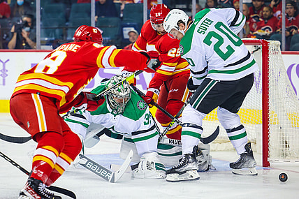 Nov 4, 2021; Calgary, Alberta, CAN; Dallas Stars goaltender Anton Khudobin (35) guards his net against the Calgary Flames during the first period at Scotiabank Saddledome. Mandatory Credit: Sergei Belski-USA TODAY Sports