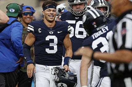 Nov 6, 2021; Provo, Utah, USA; Brigham Young Cougars quarterback Jaren Hall (3) reacts after a first quarter interception against the Idaho State Bengals at LaVell Edwards Stadium. Mandatory Credit: Jeffrey Swinger-USA TODAY Sports