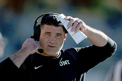 Nov 6, 2021; Hattiesburg, Mississippi, USA; North Texas Mean Green head coach Seth Littrell in the second half against the Southern Miss Golden Eagles at M.M. Roberts Stadium. Mandatory Credit: Chuck Cook-USA TODAY Sports