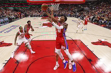 Nov 6, 2021; Chicago, Illinois, USA; Philadelphia 76ers forward Paul Reed (44) goes to the basket against the Chicago Bulls during the first half at United Center. Mandatory Credit: Kamil Krzaczynski-USA TODAY Sports