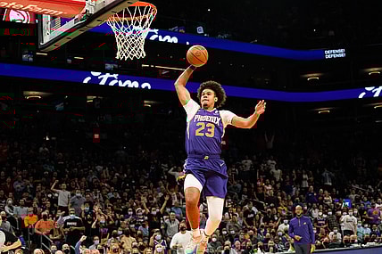 Nov 6, 2021; Phoenix, Arizona, USA; Phoenix Suns forward Cam Johnson (23) with a dunk against the Atlanta Hawks in the first half at Footprint Center. Mandatory Credit: Allan Henry-USA TODAY Sports