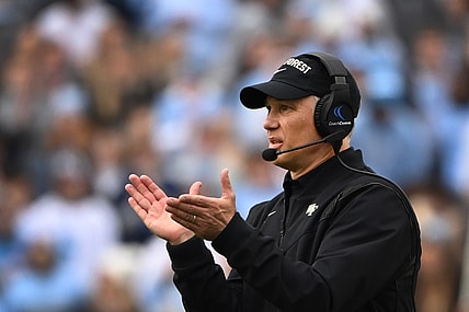 Nov 6, 2021; Chapel Hill, North Carolina, USA; Wake Forest Demon Deacons head coach Dave Clawson reacts in the third quarter at Kenan Memorial Stadium. Mandatory Credit: Bob Donnan-USA TODAY Sports
