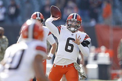 Nov 7, 2021; Cincinnati, Ohio, USA; Cleveland Browns quarterback Baker Mayfield (6) throws before the game against the Cincinnati Bengals at Paul Brown Stadium. Mandatory Credit: Joseph Maiorana-USA TODAY Sports