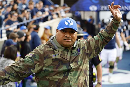 Nov 6, 2021; Provo, Utah, USA; Brigham Young Cougars head coach Kalani Sitake enters the field prior to their game against the Idaho State Bengals at LaVell Edwards Stadium. Mandatory Credit: Jeffrey Swinger-USA TODAY Sports