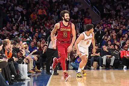 Nov 7, 2021; New York, New York, USA; Cleveland Cavaliers guard Ricky Rubio (3) celebrates after scoring a three-pointer against the New York Knicks during the fourth quarter at Madison Square Garden. Mandatory Credit: Dennis Schneidler-USA TODAY Sports
