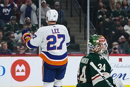 Nov 7, 2021; Saint Paul, Minnesota, USA; New York Islanders left wing Anders Lee (27) celebrates after scoring a goal against Minnesota Wild goaltender Kaapo Kahkonen (34) in the first period at Xcel Energy Center. Mandatory Credit: David Berding-USA TODAY Sports