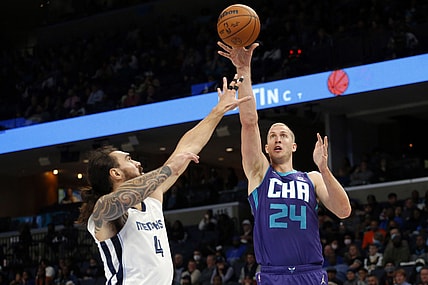 Nov 10, 2021; Memphis, Tennessee, USA; Charlotte Hornets forward Mason Plumlee (24) shoots as Memphis Grizzles center Steven Adams (4) defends during the first half at FedExForum. Mandatory Credit: Petre Thomas-USA TODAY Sports