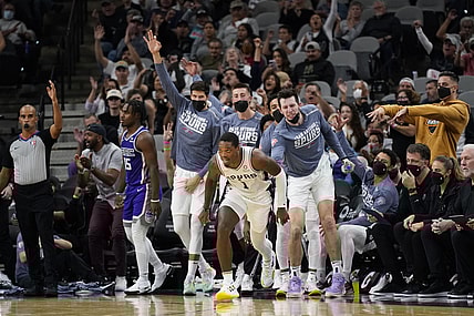 Nov 10, 2021; San Antonio, Texas, USA; San Antonio Spurs bench reacts after guard Lonnie Walker IV (1) scores a three-point basket during the first half against the Sacramento Kings at AT&T Center. Mandatory Credit: Scott Wachter-USA TODAY Sports