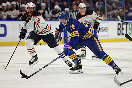 Nov 12, 2021; Buffalo, New York, USA;  Buffalo Sabres center Dylan Cozens (24) skates in on goal during the second period against the Edmonton Oilers at KeyBank Center. Mandatory Credit: Timothy T. Ludwig-USA TODAY Sports
