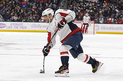 Nov 12, 2021; Columbus, Ohio, USA; Washington Capitals left wing Alex Ovechkin (8) takes a slap shot during the third period against the Columbus Blue Jackets at Nationwide Arena. Mandatory Credit: Russell LaBounty-USA TODAY Sports