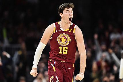 Nov 13, 2021; Cleveland, Ohio, USA; Cleveland Cavaliers forward Cedi Osman (16) celebrates after a three pointer during the second half against the Boston Celtics at Rocket Mortgage FieldHouse. Mandatory Credit: Ken Blaze-USA TODAY Sports